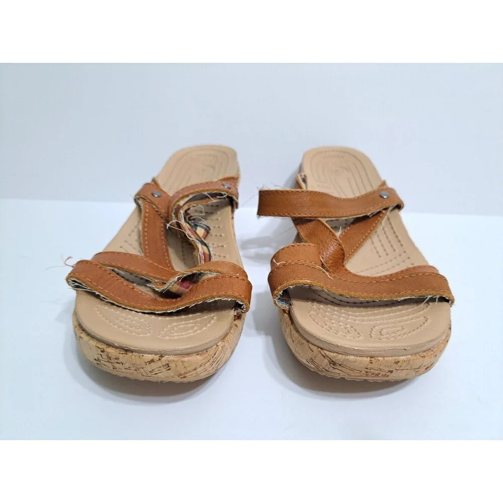 Crocs A-leigh Women's 9 Wedge Sandals Brown Leather Cork Strappy - Picture 6 of 10